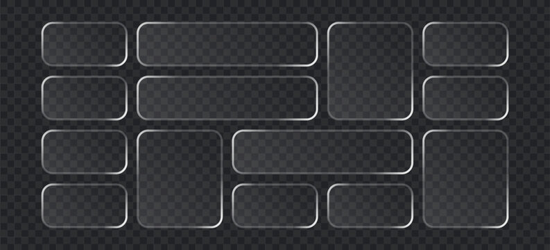 Set of glassmorphism style buttons and frames, transparent frosted glass rectangles with soft shadows and glowing borders on dark grid background