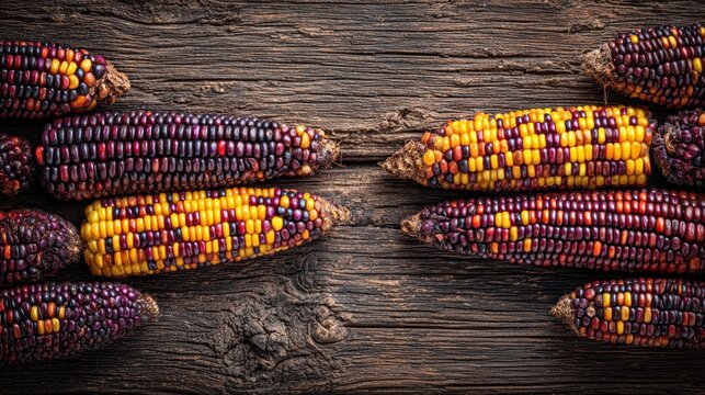 Several multicolored ears of dried flint corn rest upon a dark, rustic wooden surface.