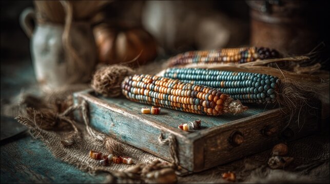 Three multicolored ears of dried flint corn rest upon a rustic wooden tray with burlap fabric.