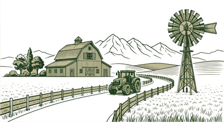 Naklejka premium Farm landscape with barn and windmill sketch vector illustration