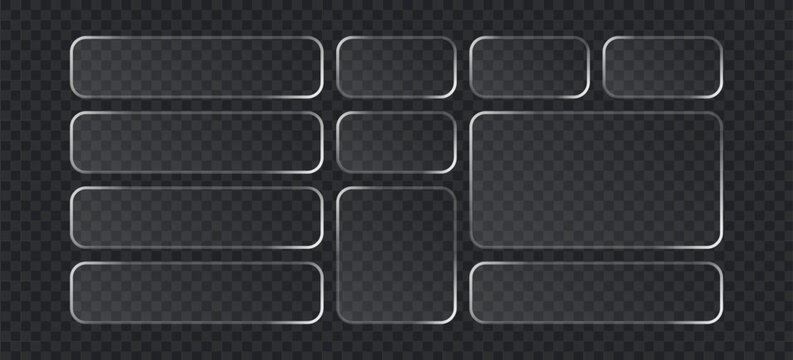 Set of glassmorphism style ui elements, transparent frosted glass buttons and frames with soft glow borders, modern user interface design components