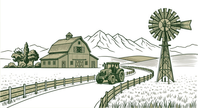 Farm landscape with barn and windmill sketch vector illustration