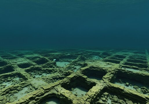 Underwater ruins of ancient stone structure in deep ocean with natural light