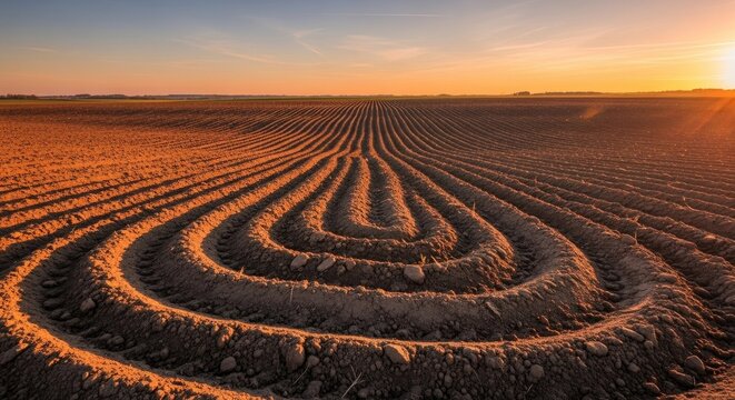 Tilled field with concentric furrows under a golden sunset sky