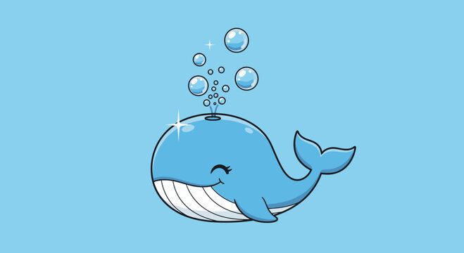 Cute cartoon whale spouting water and bubbles, happy, smiling, blue background