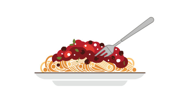A plate of spaghetti with red sauce, meatballs, and green garnish. A fork, inserted, offers the viewer a taste. The image is clean and white