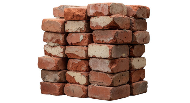 Stack of red bricks on white background