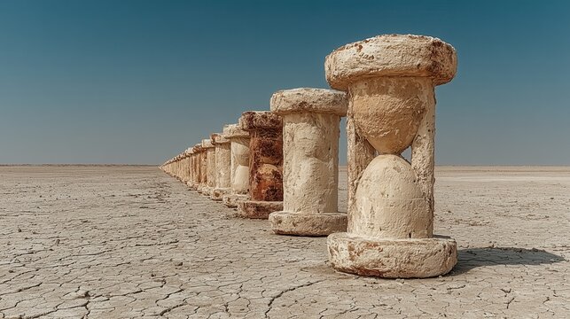 Sand sculptures line the dry landscape under a clear sky