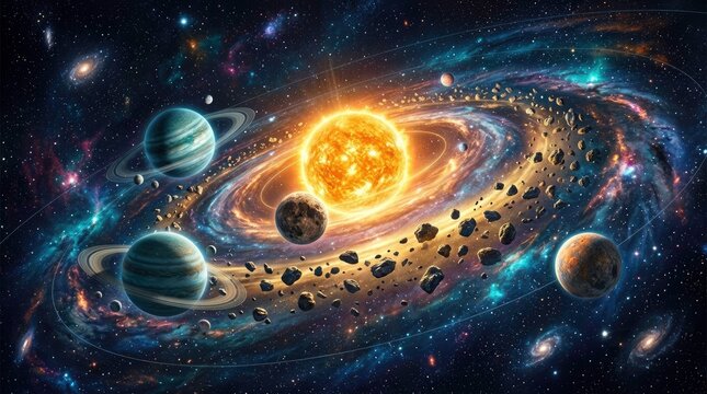 Stunning artistic view of the galaxy with planets, stars and sun.