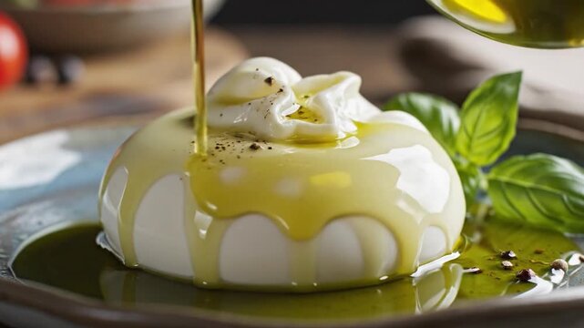Fresh Burrata Cheese Drizzled with Golden Olive Oil and Fresh Basil Leaves on a Rustic Plate