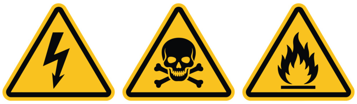 Warning triangle icons displaying danger symbols such as flammable risk, electrical hazard, high voltage, and toxic skull indicators