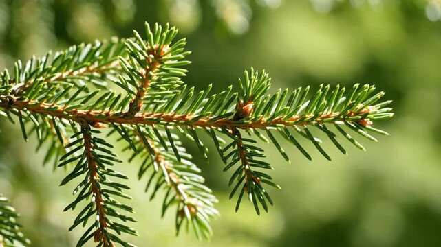 Detailed close-up of a green coniferous spruce branch featuring sharp needles and orange-brown stems in bright natural sunlight with a soft-focus bokeh forest background.