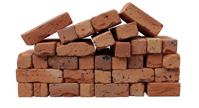Pile of red bricks on white background