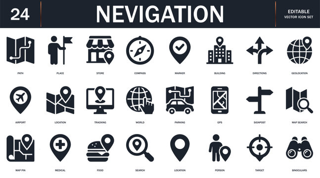 Map and location symbols set. Mapping icon collection. Geolocation map path distance. GPS cartography position. Pinpoint, map search, route, navigator - vector illustration
