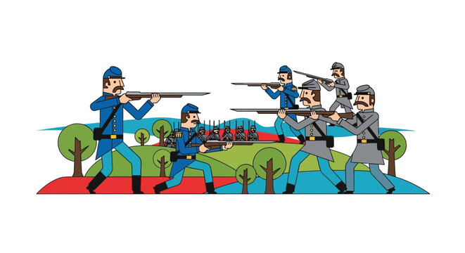 Illustration of American Civil War battle with Union soldiers in blue and Confederate troops in gray aiming rifles with bayonets on a stylized rolling hill landscape with trees.