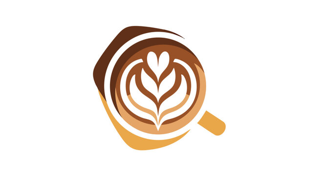 A stylized coffee cup logo featuring latte art in the form of leaves and heart shapes, with various shades of brown