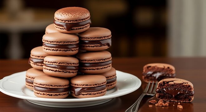 Chocolate macarons stacked on white plate, decadent cocoa french macaroons with dark ganache filling, gourmet chocolate dessert photography