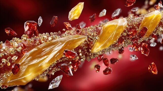 Elongated amber crystals and assorted gemstones become embedded within a textured golden filament against a deep crimson backdrop.