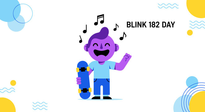 Cartoon illustration of a purple character holding a blue skateboard with musical notes overhead, celebrating Blink 182 Day on a white background with colorful geometric shapes.