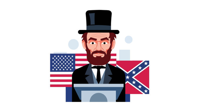Vector illustration of Abraham Lincoln in a stovepipe hat and suit at a podium, flanked by the American Union flag and Confederate battle flag on a white background.