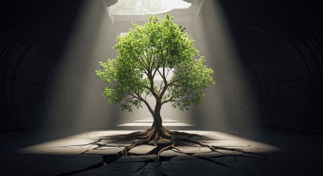 Vibrant tree in sunlit cavern with textured background and detailed roots