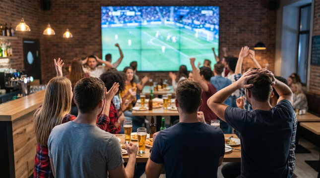 Friends Watching Soccer Match in Sports Bar with Emotional Reactions