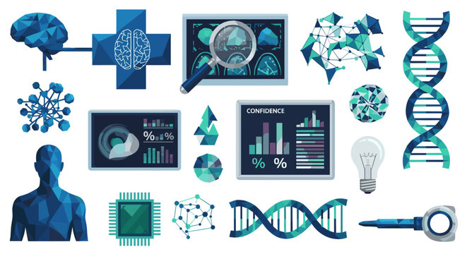 Diverse low-poly medical and scientific icons displaying human brain anatomy, dna strands, and data charts with geometric blue facets on a plain background surface.