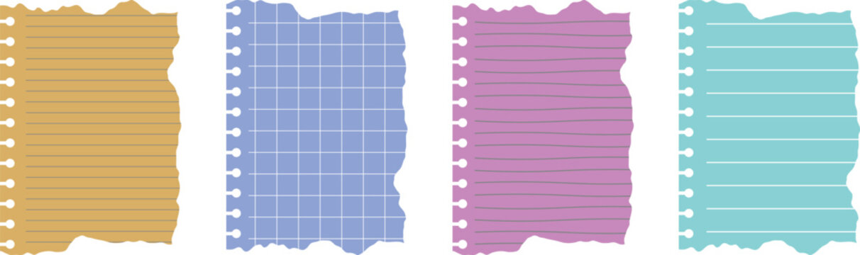 Colorful torn notebook paper collection with lined and grid textures. Ripped stationery sheets featuring spiral binder holes for school notes, scrapbook layouts, planners and creative journal 