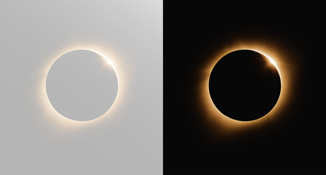 Realistic solar eclipse lens flare set, atmospheric glowing ring light and golden corona aura on grey and black background