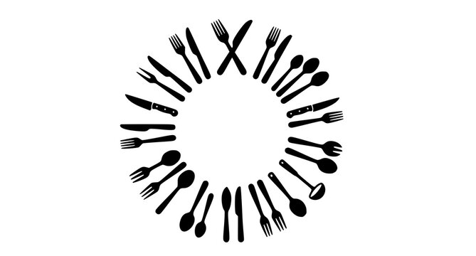 Circular arrangement of cutlery forks knives and spoons in a black and white design