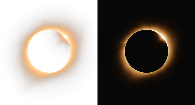 Realistic solar eclipse lens flare set, atmospheric glowing ring light and golden corona aura on wite and black background