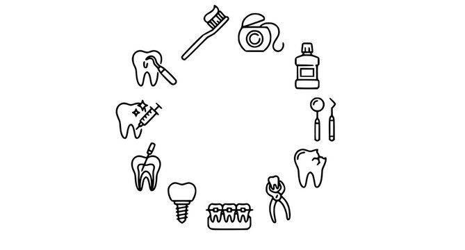Dental care circular arrangement a comprehensive collection of tools and symbols for oral hygiene and health