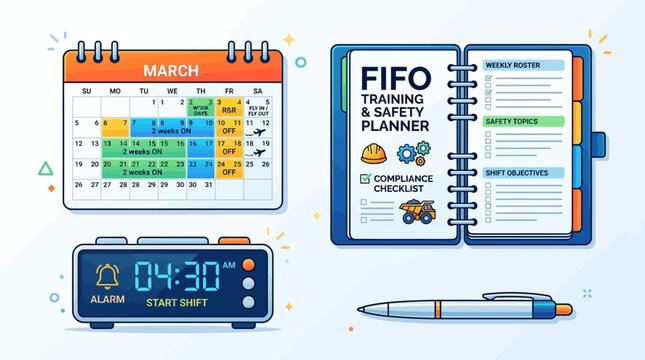 A detailed calendar planner with alarm clock and pen for managing industrial work shift schedules
