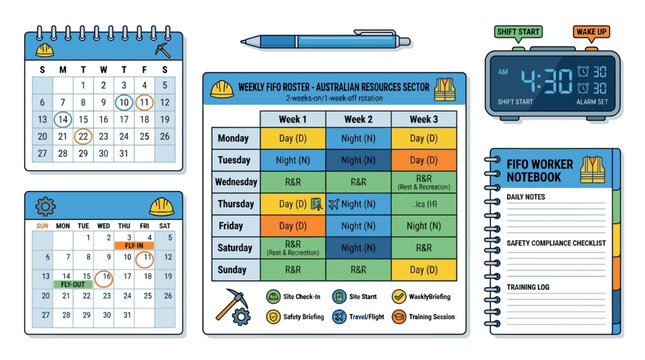 Detailed weekly fifo roster schedule with calendars and notebook for mining industry workers and shift planners