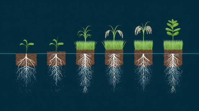 Stages of plant growth and root development depicted across six cross sections of soil