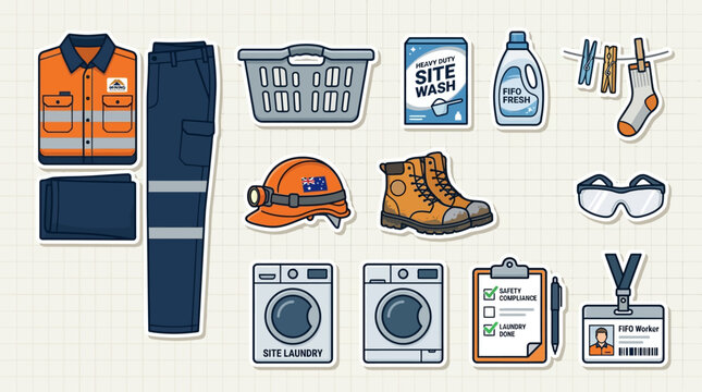 Collection of industrial workwear and laundry equipment icons for mining site safety and daily maintenance tasks