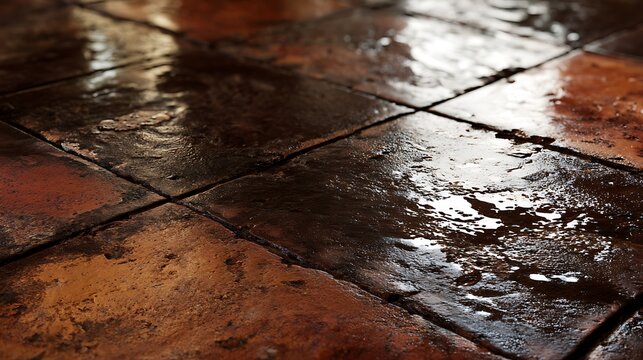 Rustic weathered terracotta floor tiles with wet reflective surface.