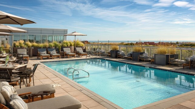 Upscale rooftop pool deck overlooks ocean horizon under bright sunny skies
