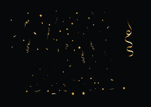 Golden Confetti and Streamers on Black Background