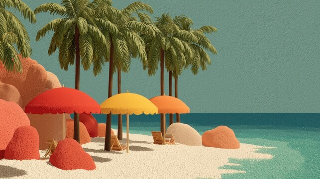 Colorful beach scene with umbrellas and palm trees by the ocean