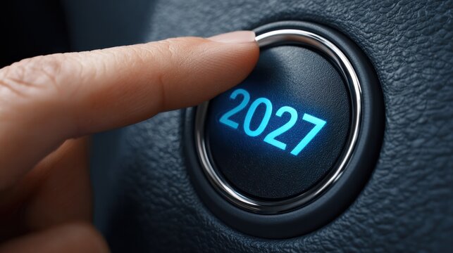 Finger pressing illuminated ignition button displaying the year two thousand twenty-seven