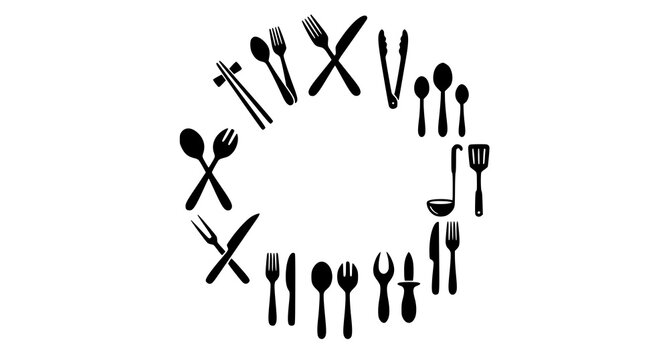 Elegant circular arrangement of black cutlery a culinary emblem for restaurants and dining establishments