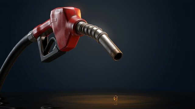 Fuel nozzle with drop of oil highlights global energy crisis geopolitics affecting oil gas industry during wars resource challenges worldwide fuel pump nozzle dripping oil drop symbolizing resource