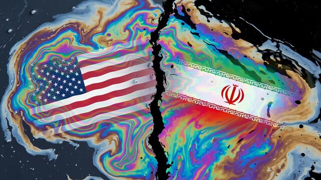 Geopolitics global energy crisis impacts oil gas industry wars over resource control tension between nations affecting worldwide markets and oil spill with American Iranian flags symbolizes conflict