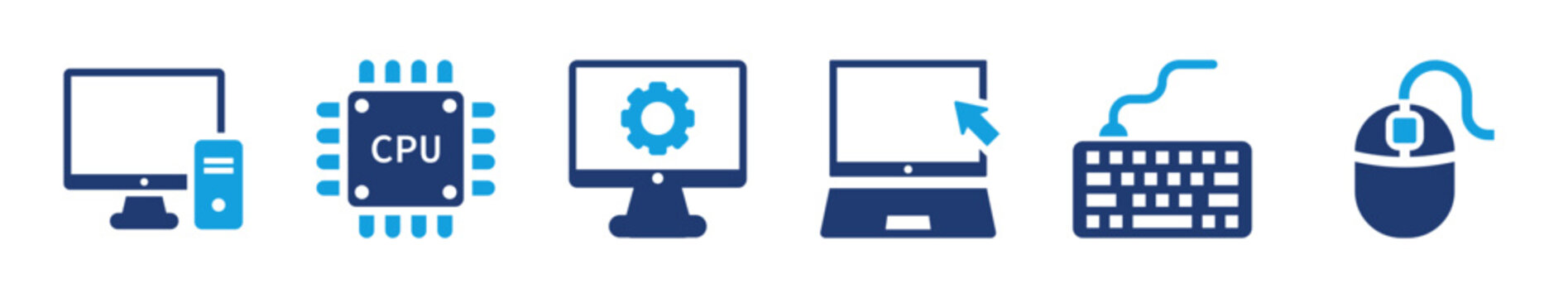 Computer hardware icon set. cpu, monitor, keyboard, mouse, device. solid style icon collection.