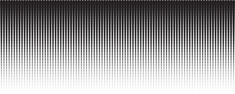 Abstract black halftone gradient pattern fades into white with dotted vertical texture. Modern monochrome overlay background for print branding. Minimal vector design backdrop template.