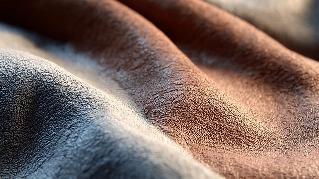 Close up view of soft brown suede leather texture with wavy folds.