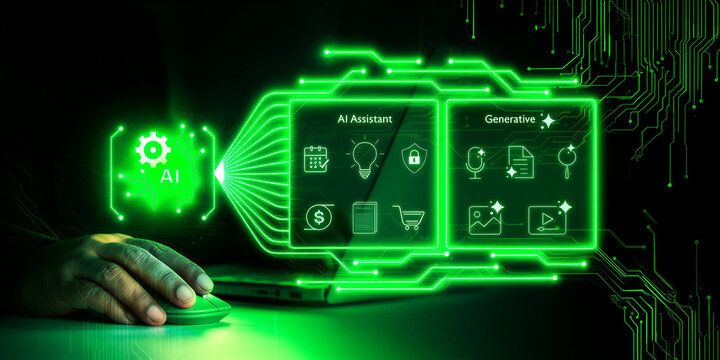 Futuristic artificial intelligence technology showing ai assistant and generative tools on digital screen with glowing circuits