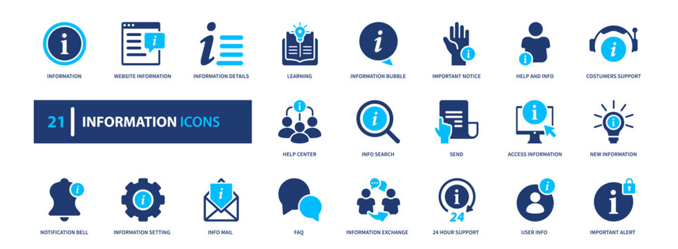Information icon set. data, communication, knowledge, system, management. solid style icon collection.