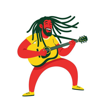 A flat vector illustration of a man with long dreadlocks playing an acoustic guitar. The character has red skin and wears a yellow shirt and red pants on a white background.